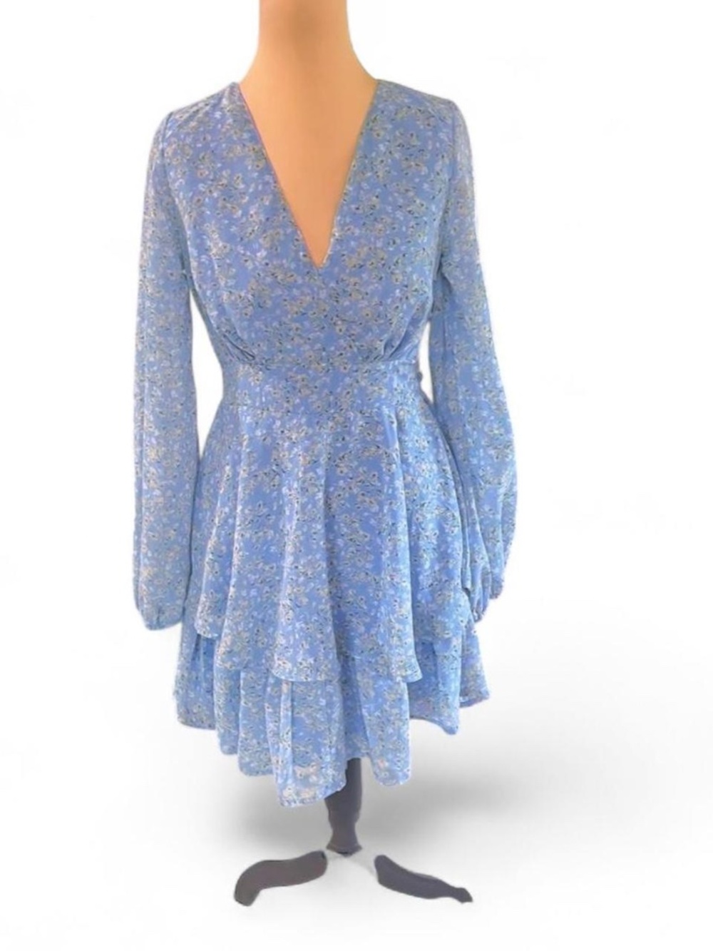 Blue Floral Long Sleeve V-Neck Fit & Flare Tie Dress - Size Small